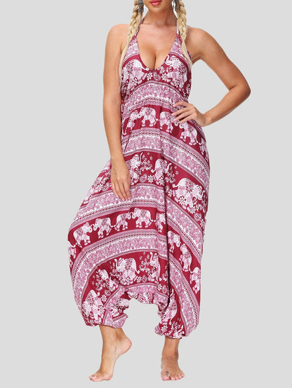 Retro Print V Neck Lace-up Halter Sports Yoga Jumpsuit - LuckyFash™