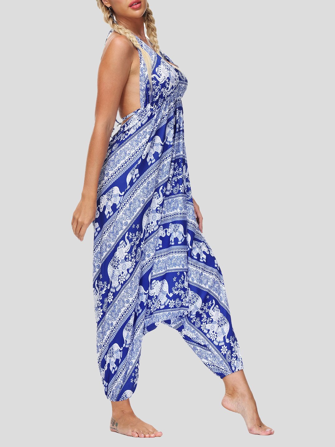 Retro Print V Neck Lace-up Halter Sports Yoga Jumpsuit - LuckyFash™