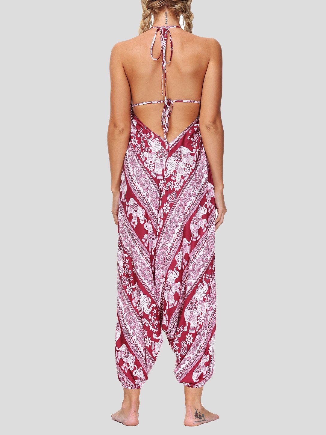 Retro Print V Neck Lace-up Halter Sports Yoga Jumpsuit - LuckyFash™