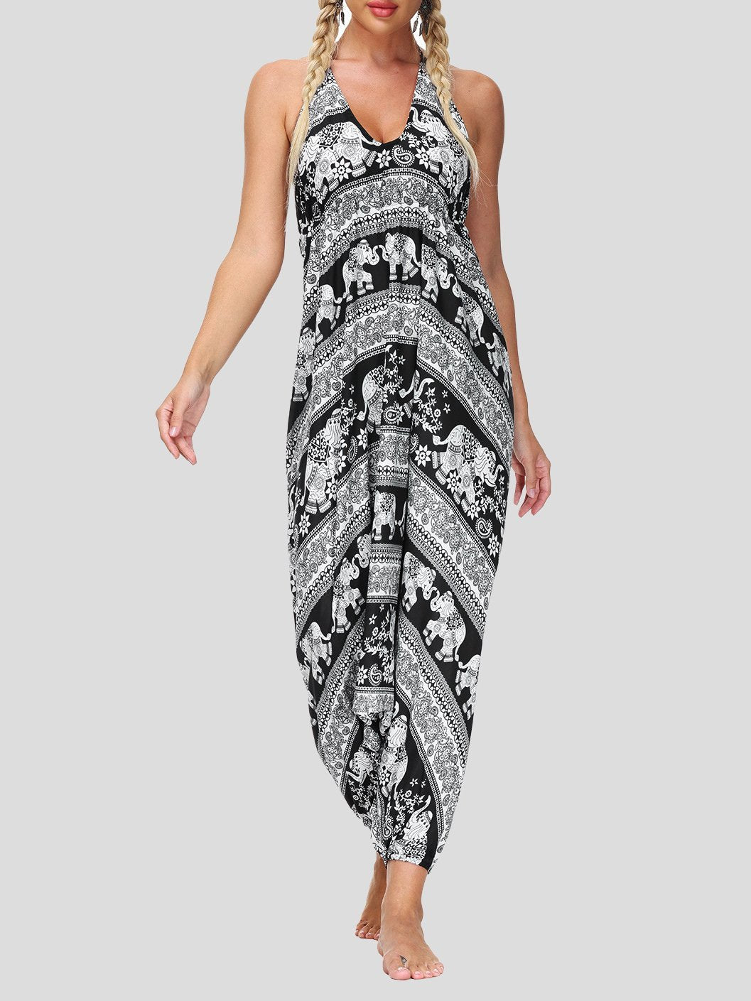 Retro Print V Neck Lace-up Halter Sports Yoga Jumpsuit - LuckyFash™