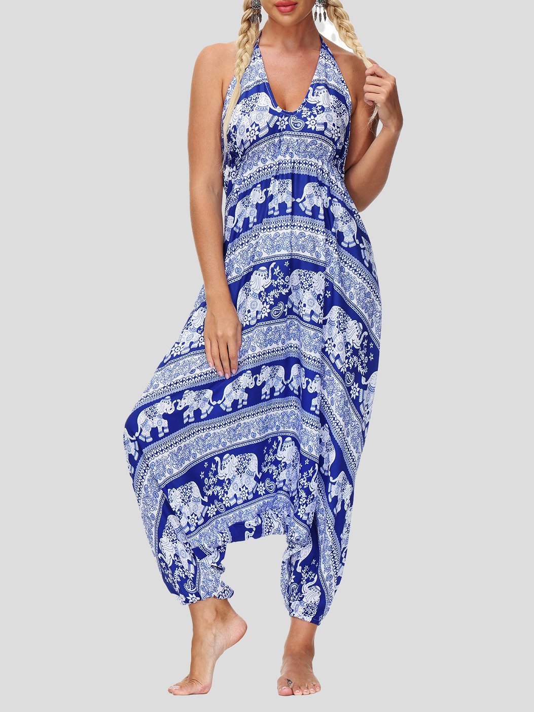 Retro Print V Neck Lace-up Halter Sports Yoga Jumpsuit - LuckyFash™
