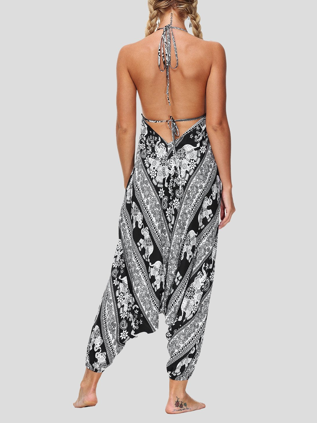 Retro Print V Neck Lace-up Halter Sports Yoga Jumpsuit - LuckyFash™