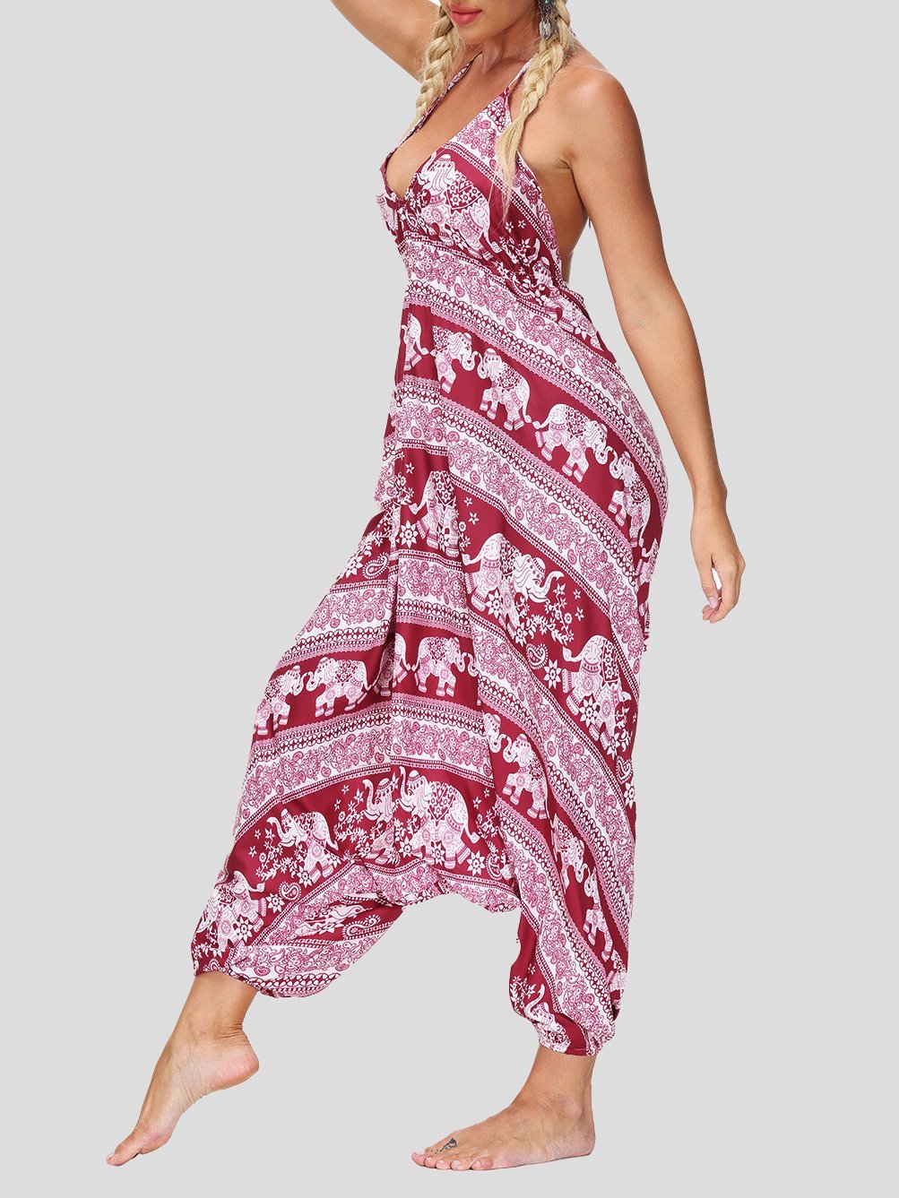 Retro Print V Neck Lace-up Halter Sports Yoga Jumpsuit - LuckyFash™