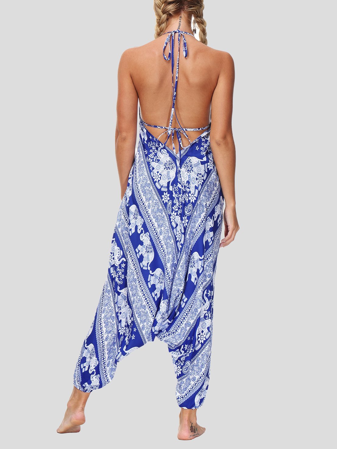Retro Print V Neck Lace-up Halter Sports Yoga Jumpsuit - LuckyFash™