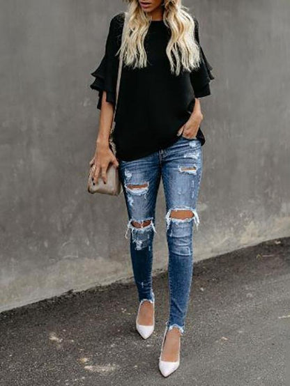 Retro Round Neck Flared Sleeves Solid All-match Blouse - LuckyFash™