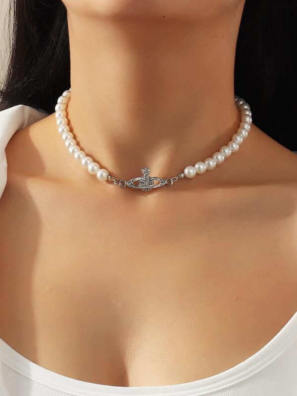 Rhinestone Planet Charm Faux Pearl Beaded Necklace - LuckyFash™