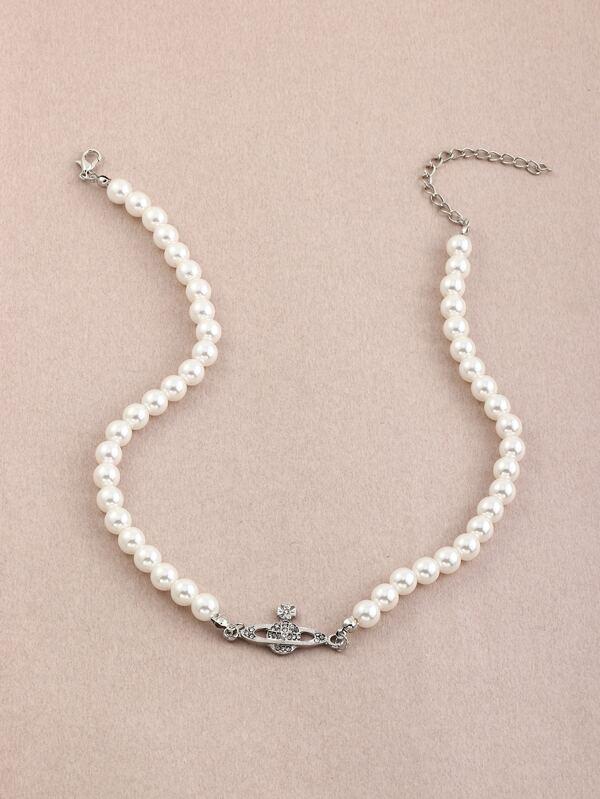 Rhinestone Planet Charm Faux Pearl Beaded Necklace - LuckyFash™