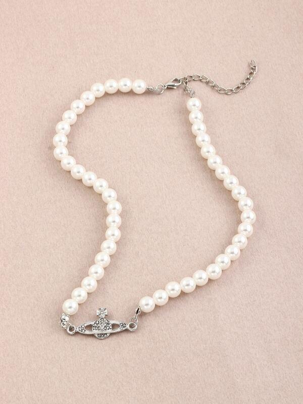 Rhinestone Planet Charm Faux Pearl Beaded Necklace - LuckyFash™