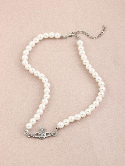 Rhinestone Planet Charm Faux Pearl Beaded Necklace - LuckyFash™