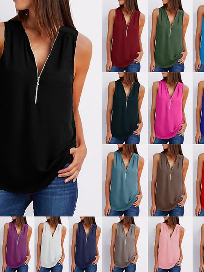 Zipper Up Tunic Vest Summer Casual Short Sleeve V Neck Half Tops Blouse for Women - LuckyFash™