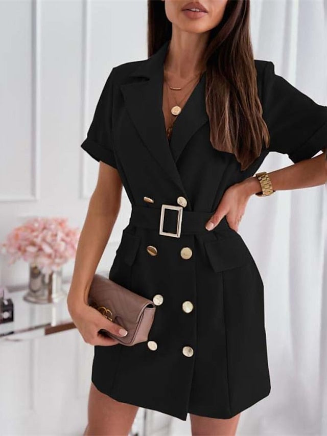 Women's Work Dress Blazer Dress Sheath Dress Mini Dress Black White Pink Short Sleeve Pure Color Lace up Summer Spring Shirt Collar Fashion Loose Fit 2023 S M L XL XXL - LuckyFash™