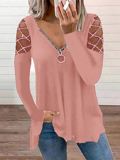 Women's Blouse Black Pink Wine Plain Cut Out Flowing tunic Long Sleeve Casual Weekend Basic V Neck Regular S - LuckyFash™