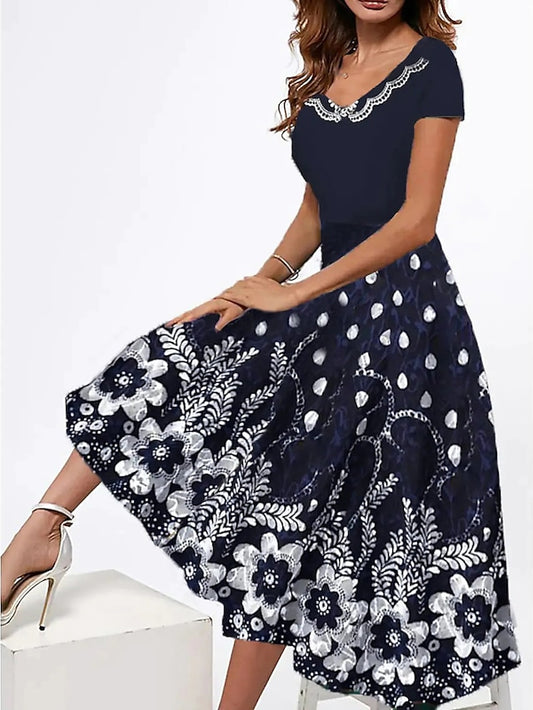 Women's A Line Dress Midi Dress Blue Short Sleeve Print Print Spring Summer V Neck Casual 2022 S M L XL XXL 3XL / Cotton - LuckyFash™