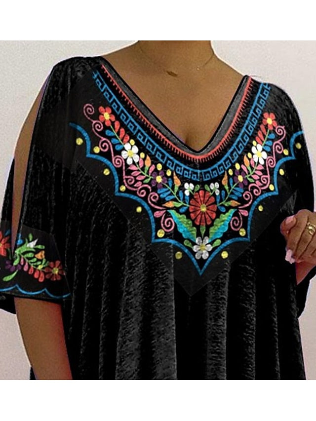 Women's Blouse Black Floral Ruched Cut Out Half Sleeve Daily Vacation Festival V Neck Plus Size XL - LuckyFash™