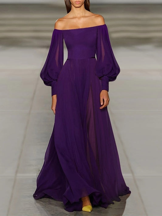 Womenâ€˜s Prom Party Dress Swing Dress Long Dress Maxi Dress Green Black Purple Long Sleeve Pure Color Cold Shoulder Fall Autumn Off Shoulder Winter Dress Evening Party Loose Fit 2023 S M L XL - LuckyFash™