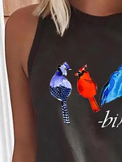 Round Neck Casual Fashion Birds Printed Sleeveless Tank Top - LuckyFash™