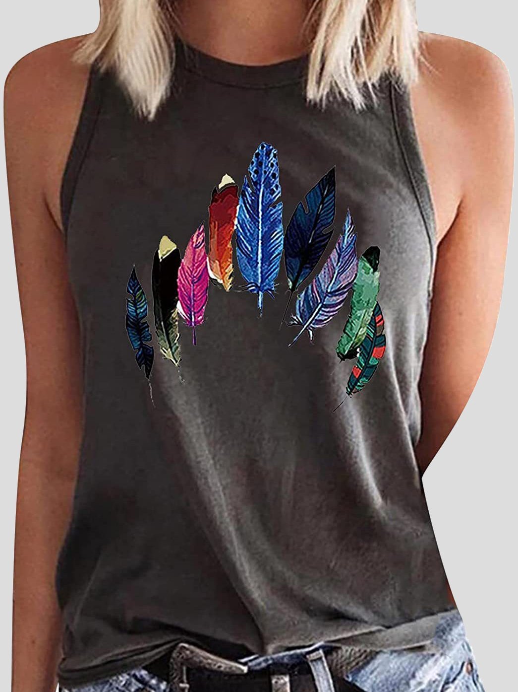 Round Neck Colored Feather Printed Sleeveless Womens Vest - LuckyFash™