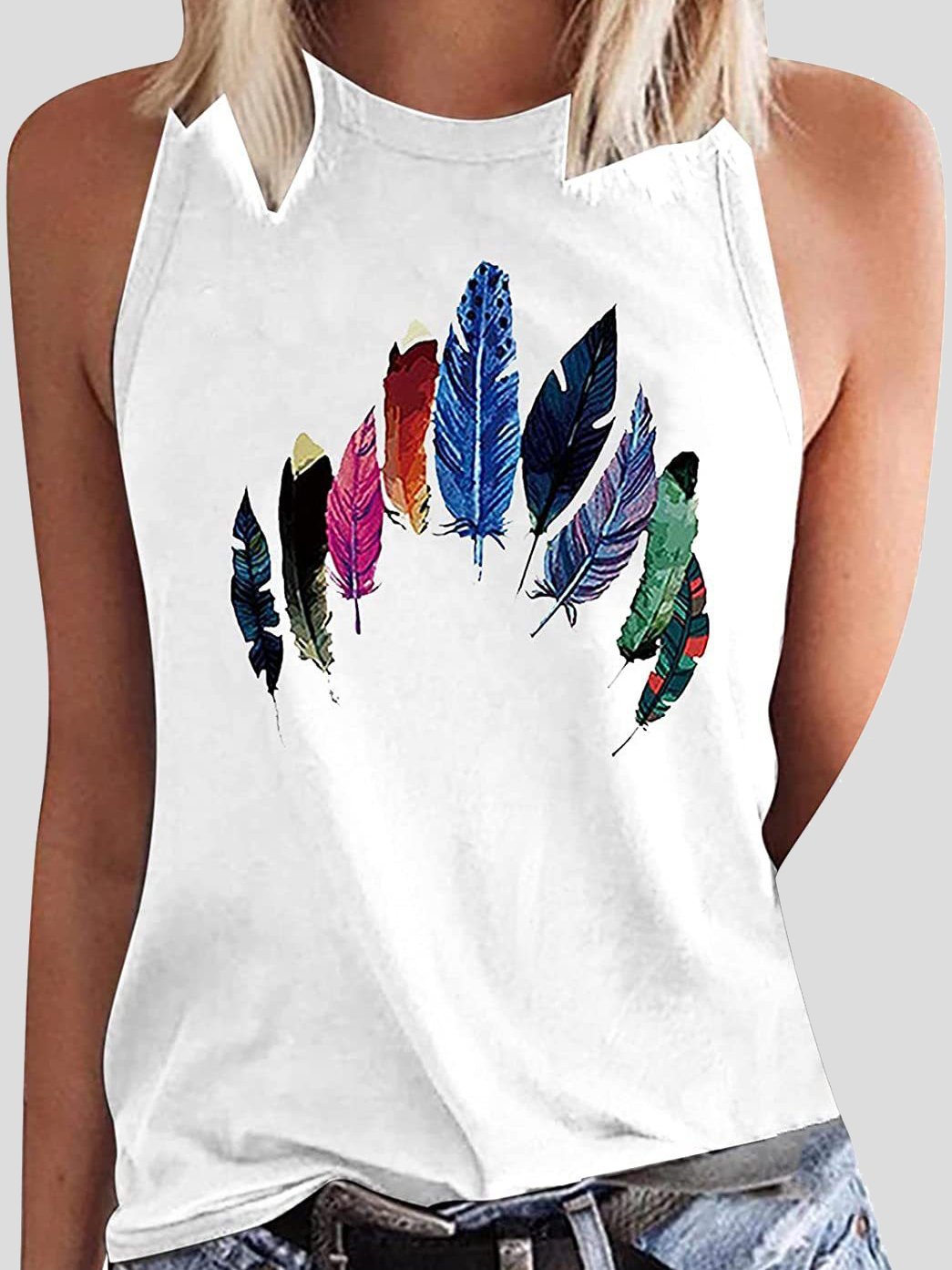 Round Neck Colored Feather Printed Sleeveless Womens Vest - LuckyFash™
