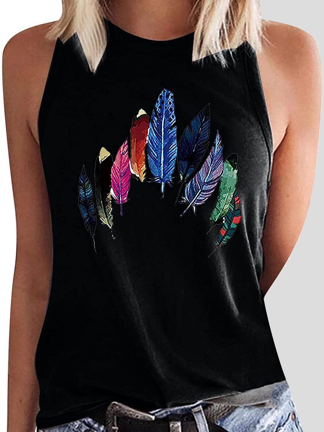 Round Neck Colored Feather Printed Sleeveless Womens Vest - LuckyFash™