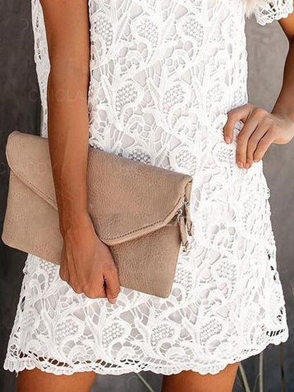 Round Neck Cutout Lace Short Sleeve Mini Dress - LuckyFash™