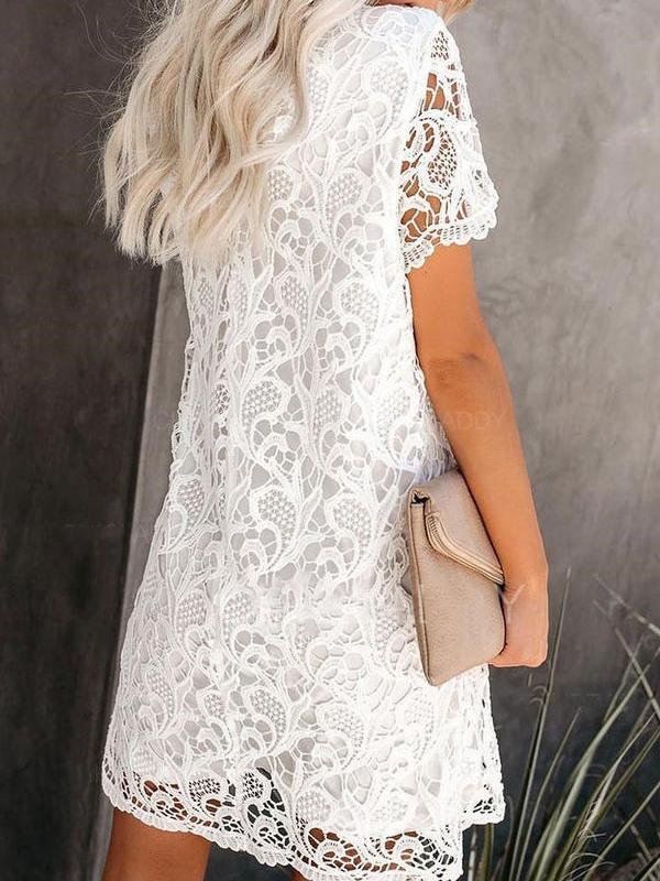 Round Neck Cutout Lace Short Sleeve Mini Dress - LuckyFash™