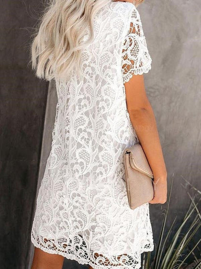 Round Neck Cutout Lace Short Sleeve Mini Dress - LuckyFash™
