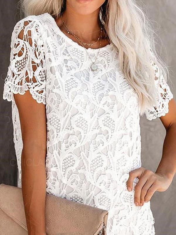 Round Neck Cutout Lace Short Sleeve Mini Dress - LuckyFash™