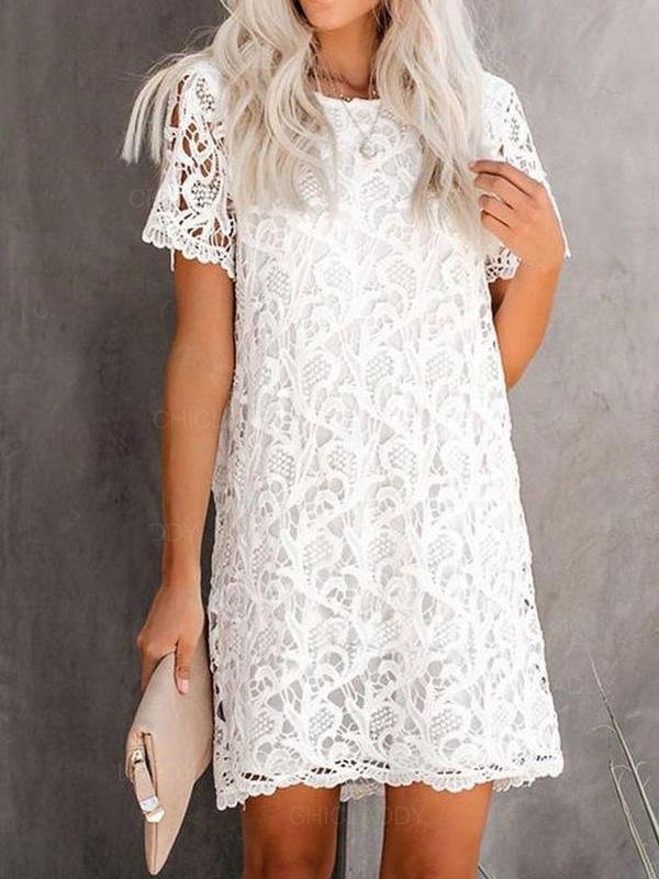 Round Neck Cutout Lace Short Sleeve Mini Dress - LuckyFash™