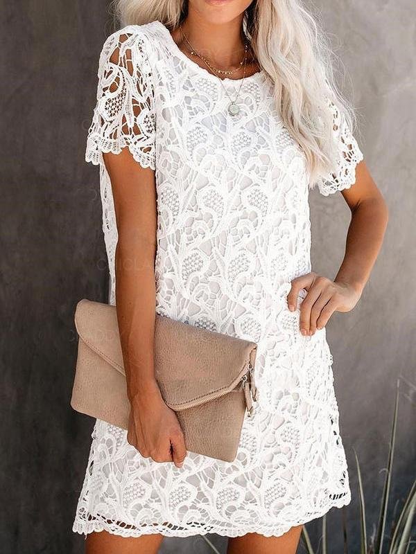 Round Neck Cutout Lace Short Sleeve Mini Dress - LuckyFash™
