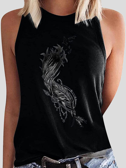 Round Neck  Feather Printed Sleeveless Womens Vest - LuckyFash™
