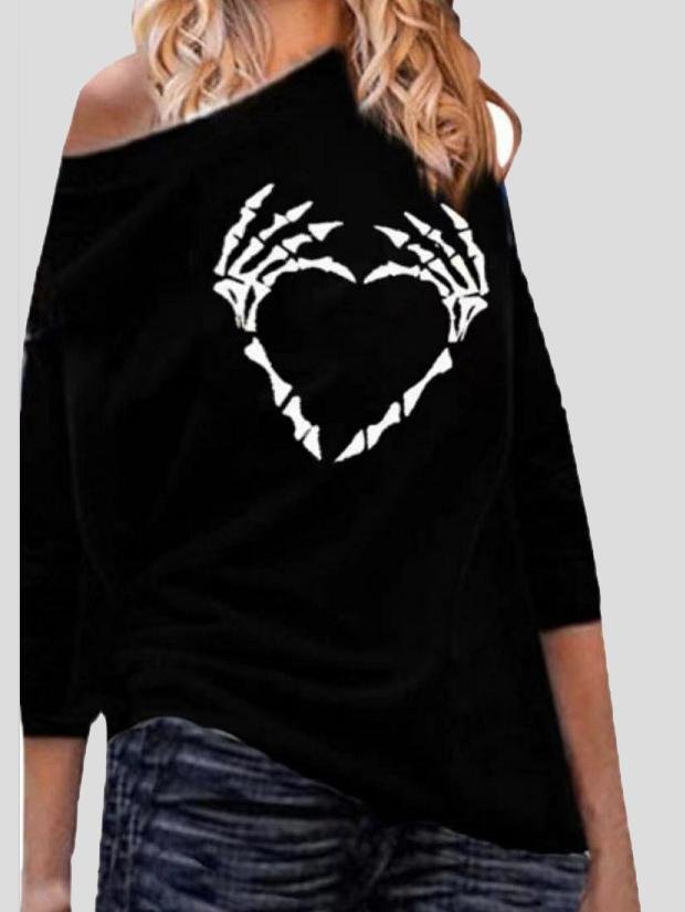 Round Neck Heart-Shaped Printing Long Sleeve Casual T-Shirt - LuckyFash™
