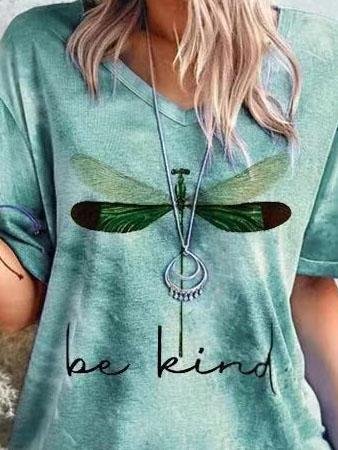 Round Neck Short Sleeve Dragonfly Print T-shirt - LuckyFash™