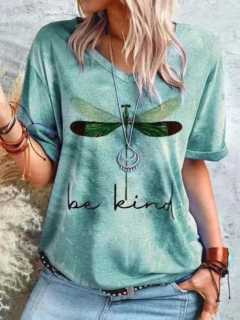 Round Neck Short Sleeve Dragonfly Print T-shirt - LuckyFash™