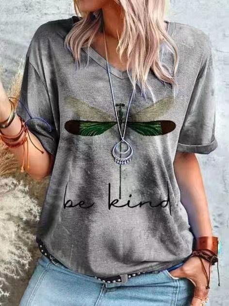 Round Neck Short Sleeve Dragonfly Print T-shirt - LuckyFash™