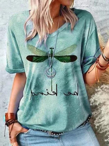 Round Neck Short Sleeve Dragonfly Print T-shirt - LuckyFash™