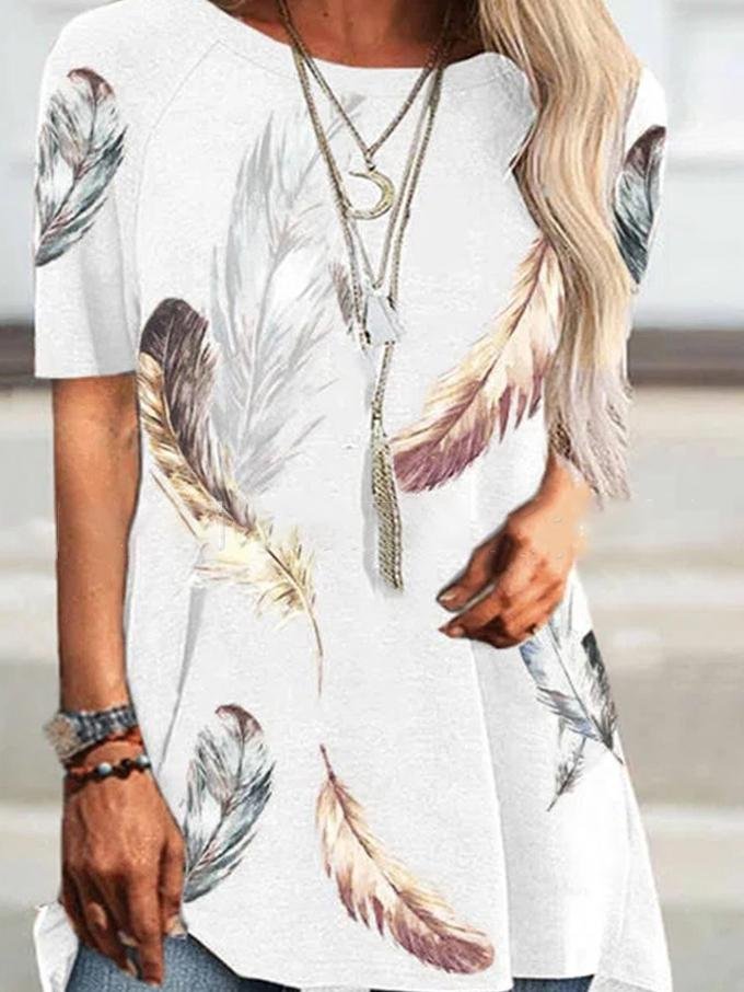 Round Neck Short Sleeve Feather Print T-Shirt - LuckyFash™