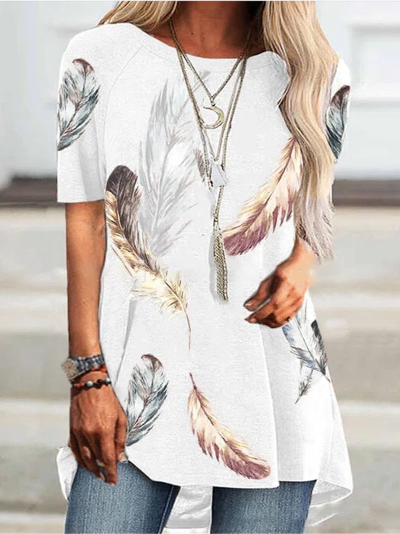 Round Neck Short Sleeve Feather Print T-Shirt - LuckyFash™