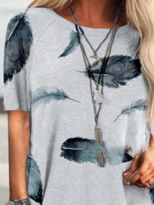 Round Neck Short Sleeve Feather Print T-Shirt - LuckyFash™