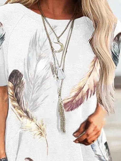 Round Neck Short Sleeve Feather Print T-Shirt - LuckyFash™
