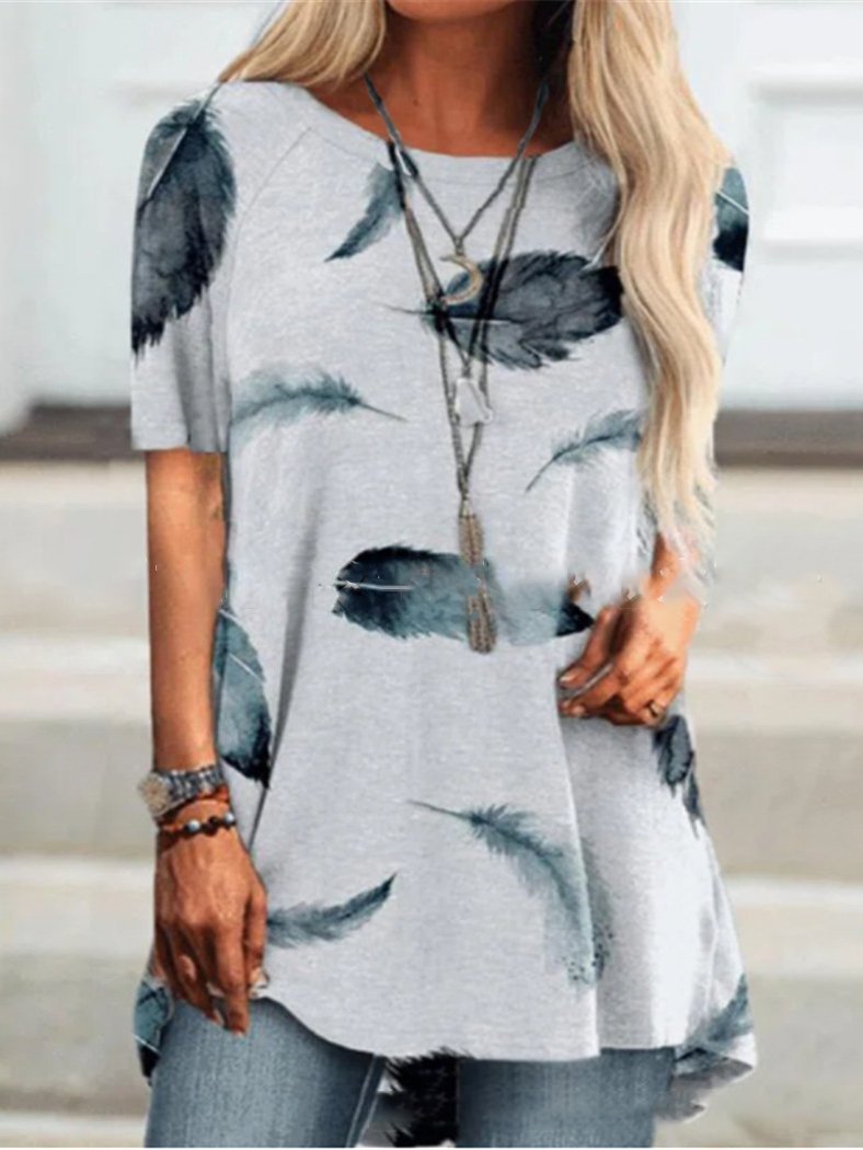 Round Neck Short Sleeve Feather Print T-Shirt - LuckyFash™