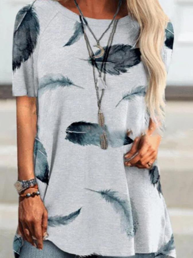Round Neck Short Sleeve Feather Print T-Shirt - LuckyFash™
