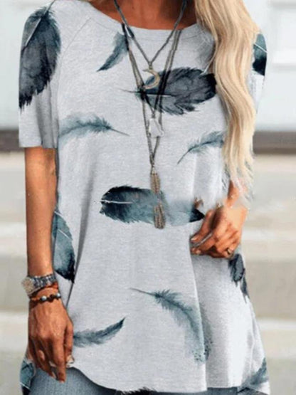 Round Neck Short Sleeve Feather Print T-Shirt - LuckyFash™