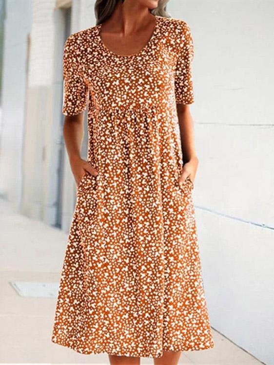 Round Neck Short Sleeve Floral Print Dress - LuckyFash™