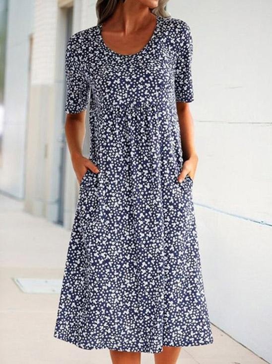 Round Neck Short Sleeve Floral Print Dress - LuckyFash™