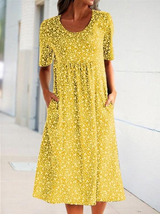 Round Neck Short Sleeve Floral Print Dress - LuckyFash™