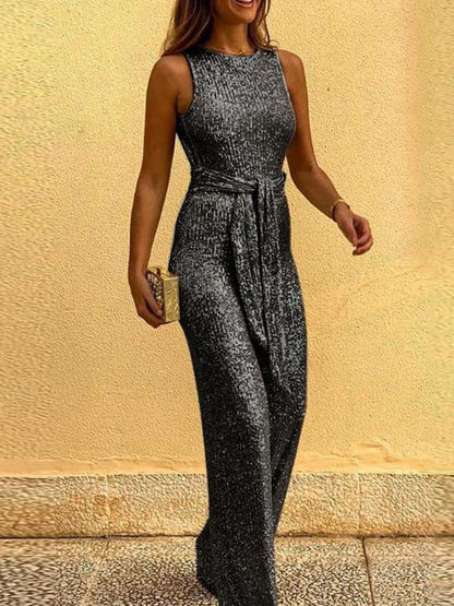 Round Neck Sleeveless Sequin Jumpsuit - LuckyFash™