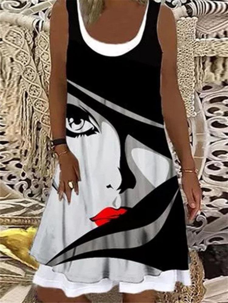 Round Neck Stitching Printed Loose Dress - LuckyFash™