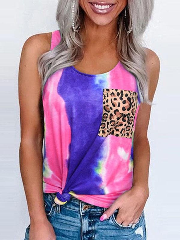 Round Neck Tie-dye Leopard Print Pocket Tank Top - LuckyFash™