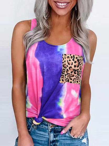 Round Neck Tie-dye Leopard Print Pocket Tank Top - LuckyFash™