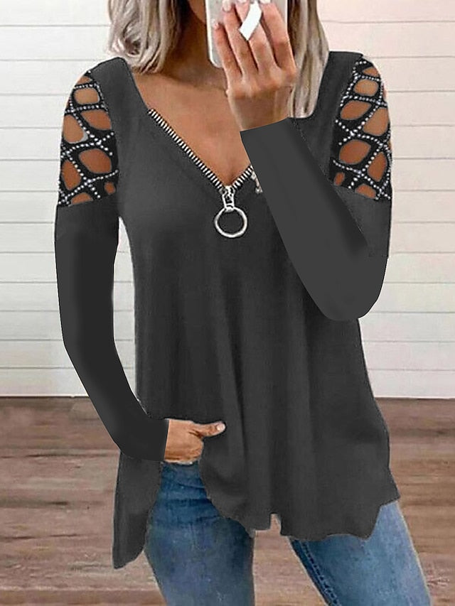 Women's Blouse Black Pink Wine Plain Cut Out Flowing tunic Long Sleeve Casual Weekend Basic V Neck Regular S - LuckyFash™